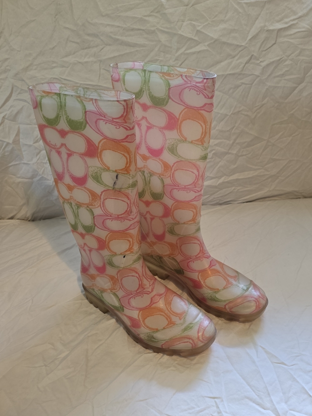 Patterned Clear Rain Boots in Pink, Orange & Green
